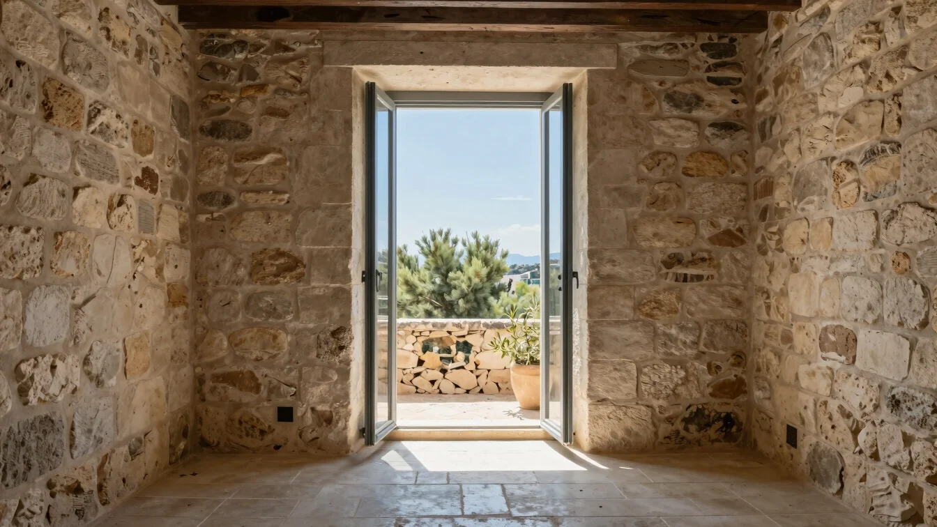Quiet interior of a sunlit Provençal apartment with stone walls a
