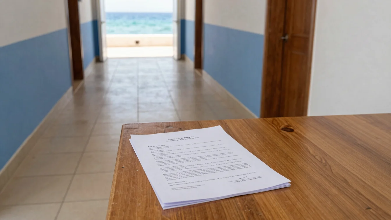 Candid view of a tiled hallway and a folded lease on a wooden tab