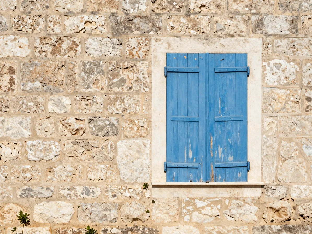 Close architectural detail of a pale rendered stone wall beside a weathered blue wooden shutter, natural Mediterranean d