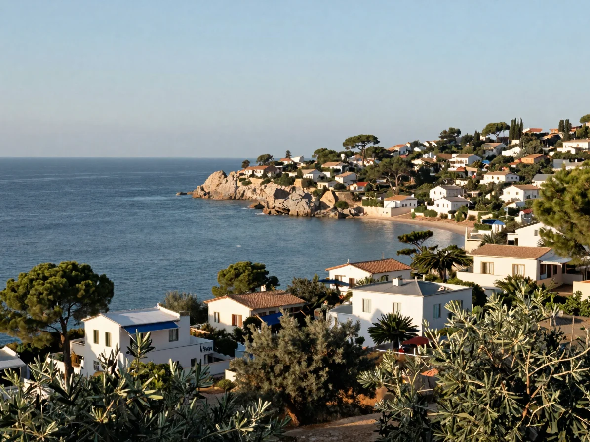 Wide view of a Mediterranean coastline with pines and low rendered houses, soft morning light, editorial landscape photo