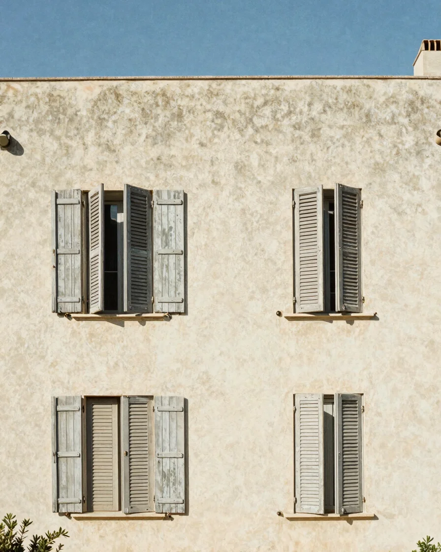 Close architectural detail of a rendered Mediterranean facade in