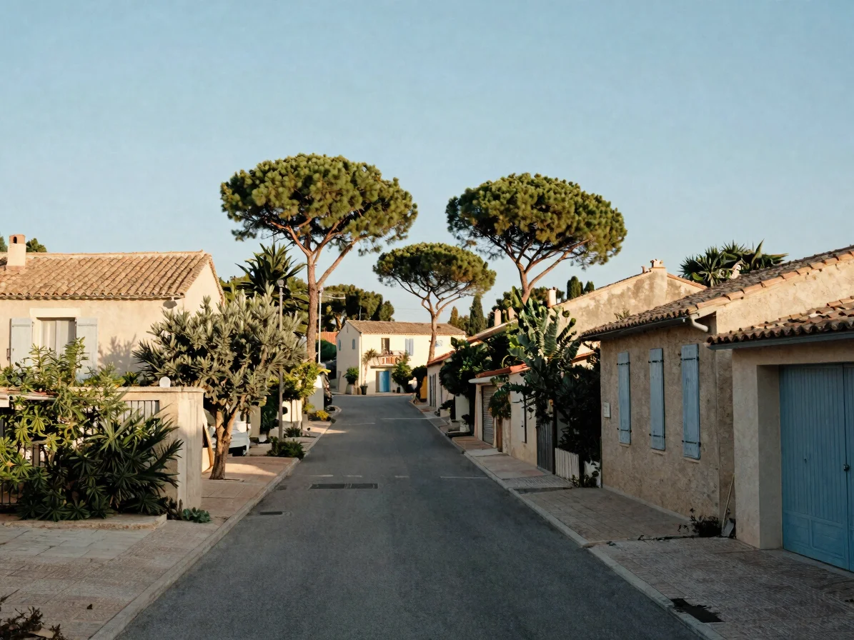 Wide candid view of a quiet residential street in a southern French coastal town in early morning, shutters half open, t