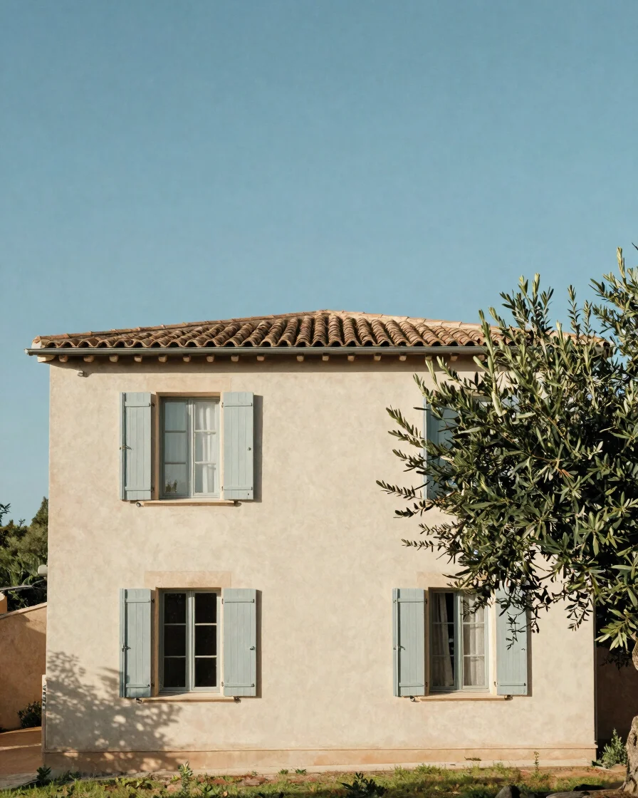 Editorial architectural photograph of a pale rendered house in so